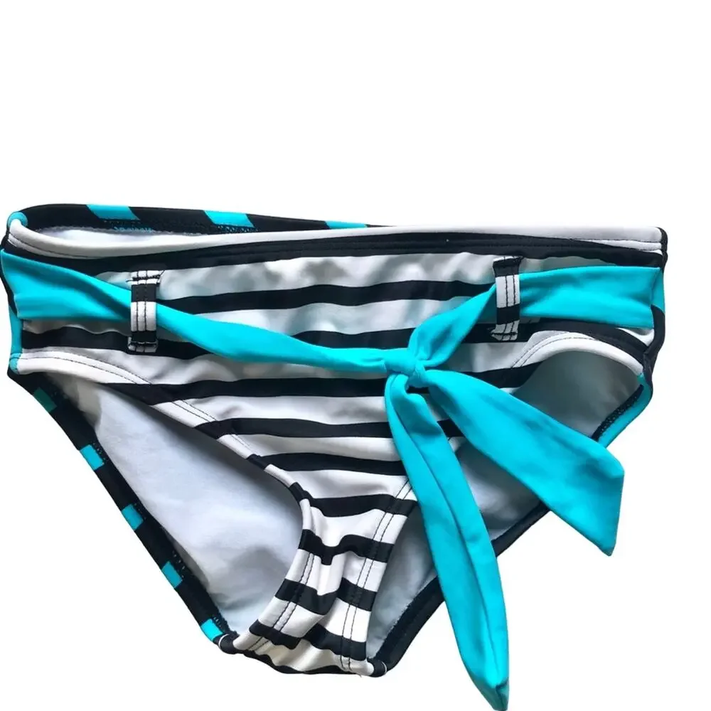 Girls 7 Justice Black White Turquoise Teal Blue Stripe Halter Tankini Swimsuit